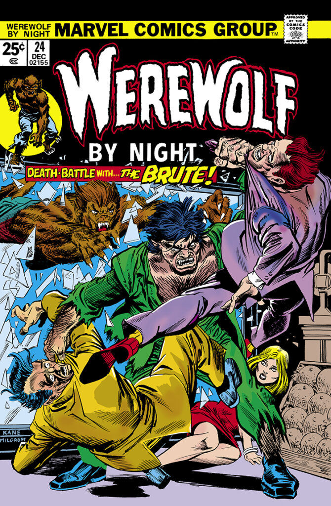 Werewolf by Night #24 cover; pencils, Gil Kane; inks, Al Milgrom; Jack Russell, Death Battle with the Brute