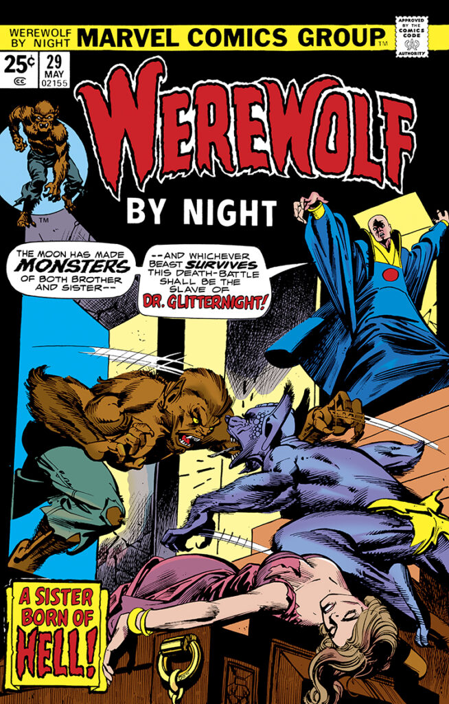 Werewolf by Night #29 cover; pencils, Gil Kane; inks, Klaus Janson; Jack Russell, A sister born of Hell; Doctor Glitternight