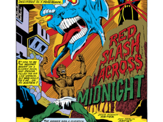 Werewolf by Night #30, pg. 1; pencils and inks, Don Perlin; Red Slash Across Midnight, Glitternight; Doug Moench, splash page