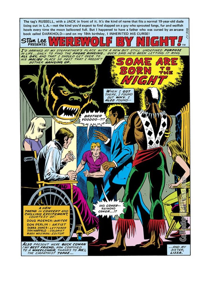 Werewolf by Night #39, pg. 1; pencils and inks, Don Perlin; Jack Russell, Some Are Born to the Night, Doug Moench, splash page, Brother Voodoo, Raymond Coker, Lissa Russell