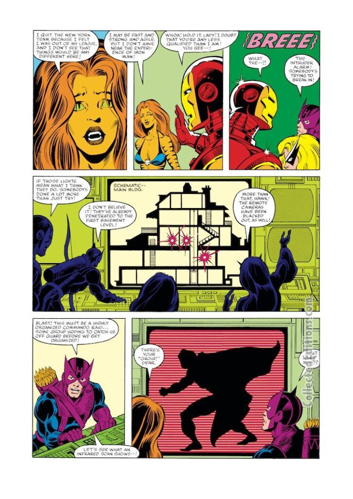 West Coast Avengers #1, pg. 15; pencils, Bob Hall; inks, Brett Breeding; Tigra, Iron Man/Jim Rhodes, Mockingbird, Hawkeye, Graviton