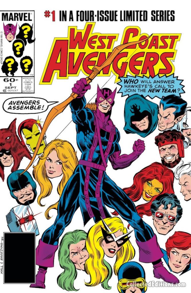 West Coast Avengers #1 cover; pencils, Bob Hall; inks, Brett Breeding; Assemble, Hawkeye, New Team, Rom, Puck, Hercules, Shroud, Sub-Mariner, Tigra, four-issue limited series
