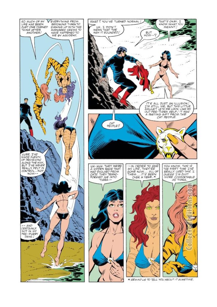 West Coast Avengers #3, pg. 12; pencils, Bob Hall; inks, Brett Breeding; Tigra, Wonder Man