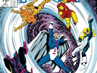 West Coast Avengers #3 cover; pencils, Bob Hall; inks, Brett Breeding; Graviton, Tigra, Hawkeye, Wonder Man, Mockingbird