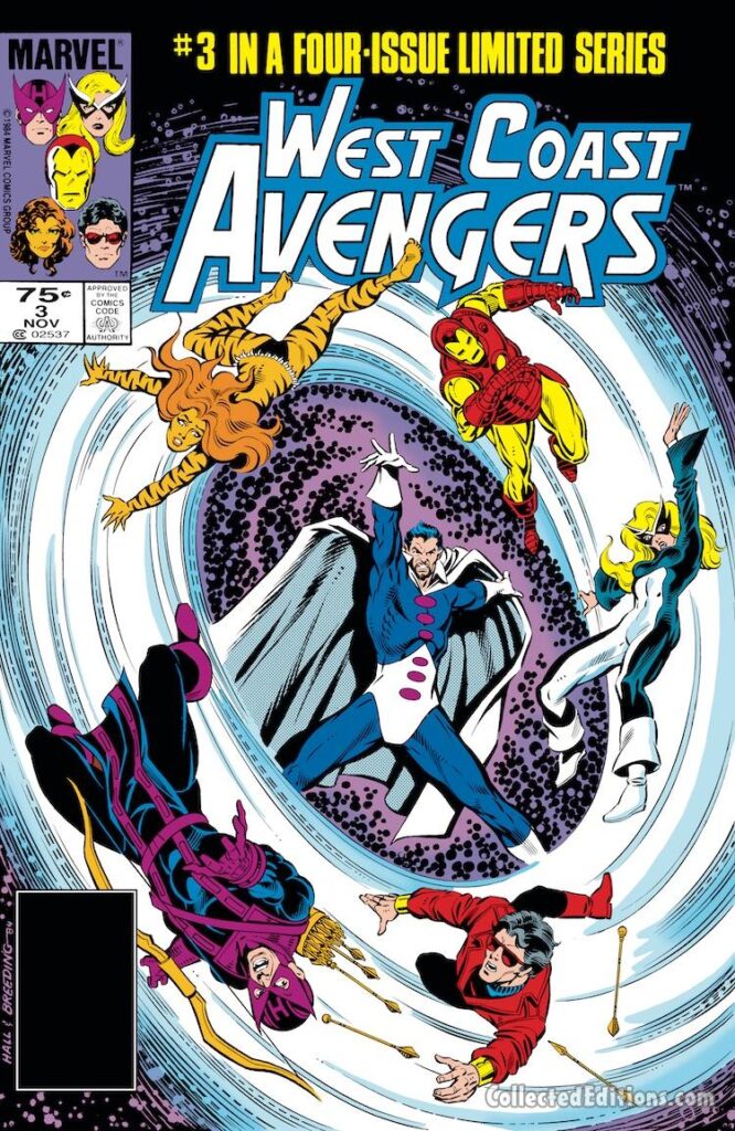 West Coast Avengers #3 cover; pencils, Bob Hall; inks, Brett Breeding; Graviton, Tigra, Hawkeye, Wonder Man, Mockingbird