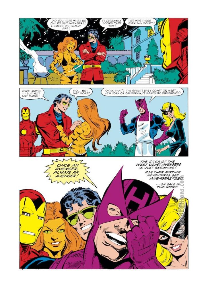 West Coast Avengers #4, pg. 23; layouts, Bob Hall; pencils and inks, Brett Breeding, Peter Berardi; Wonder Man, Tigra, Hawkeye, Mockingbird, Iron Man I