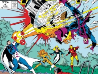 West Coast Avengers #4 cover; pencils, Bob Hall; inks, Brett Breeding; Graviton, Hawkeye, Wonder Man, Iron Man, Tigra