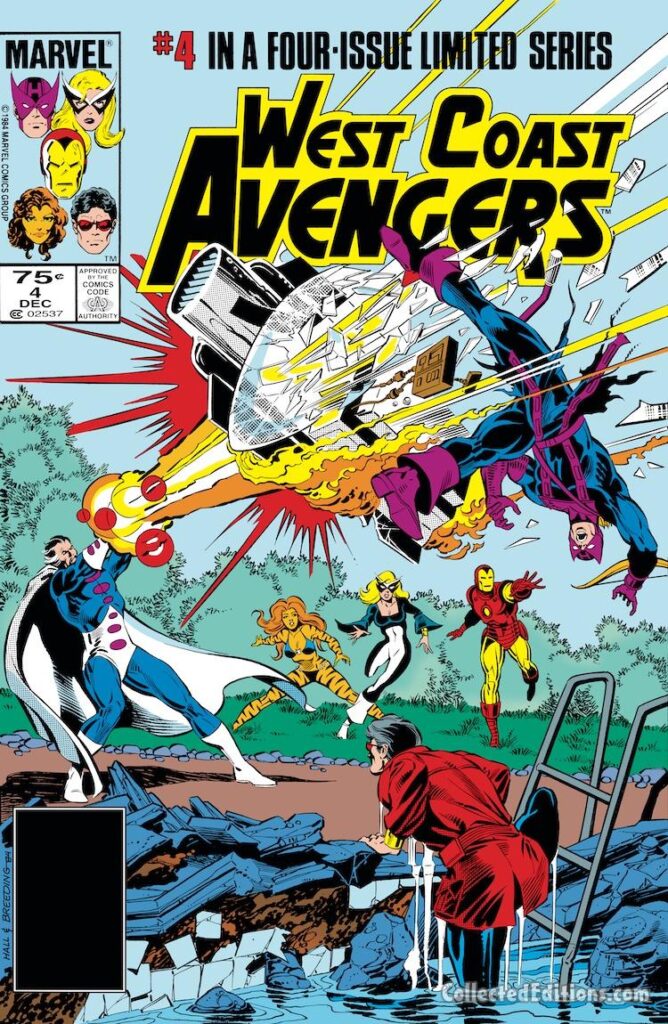 West Coast Avengers #4 cover; pencils, Bob Hall; inks, Brett Breeding; Graviton, Hawkeye, Wonder Man, Iron Man, Tigra