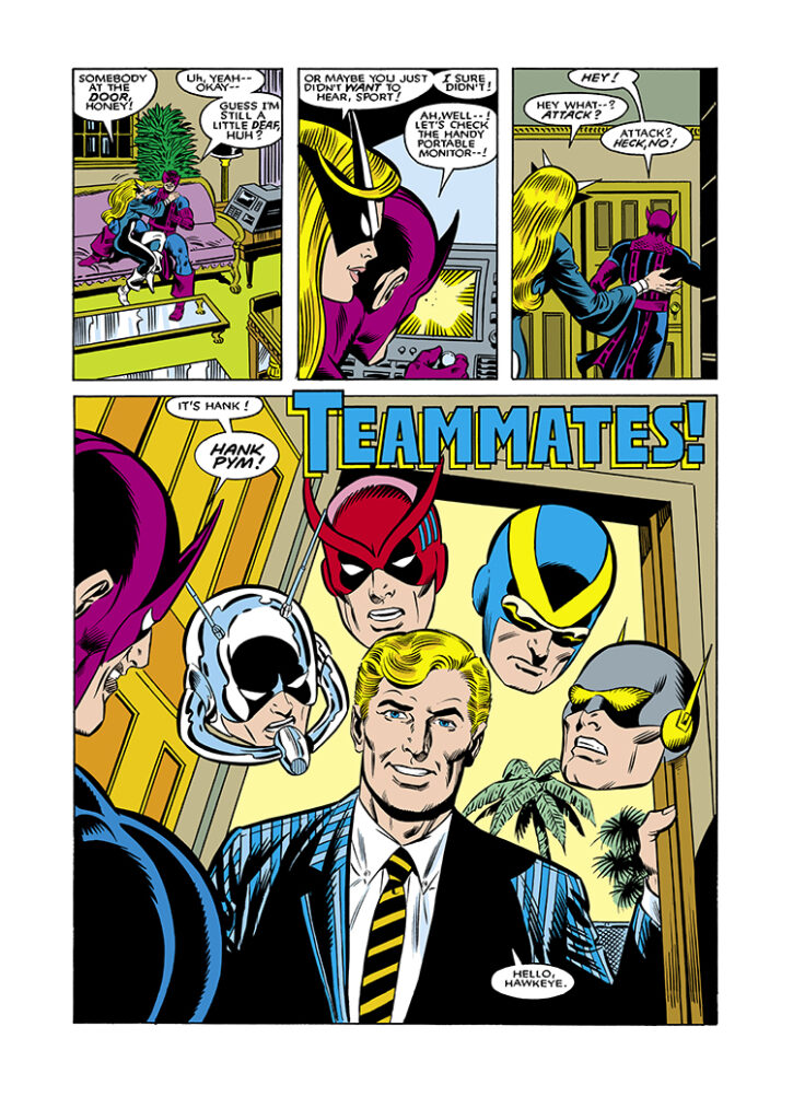 West Coast Avengers (1985) #1, pg. 2; layouts, Al Milgrom; pencils and inks, Joe Sinnott; Hank Pym; Tigra, Mockingbird, Hawkeye; Teammates