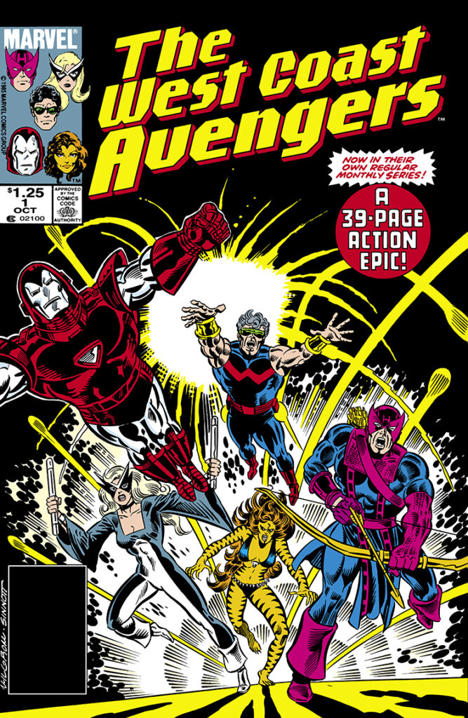 West Coast Avengers #1 cover; pencils, Al Milgrom; inks, Joe Sinnott; now in their own regular series, 39-page action epic, Hawkeye, Iron Man, Wonder Man, Mockingbird, Tigra