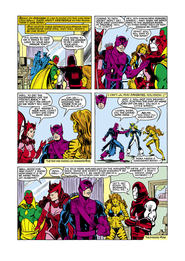 West Coast Avengers (1985) #2, pg. 2; layouts, Al Milgrom; pencils and inks, Kim DeMulder; Vision, Scarlet Witch, Hawkeye, Iron Man, Tigra, Hawkeye, Mockingbird