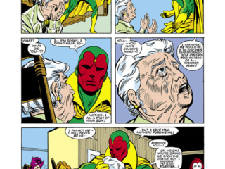 West Coast Avengers #2, pg. 14; layouts, Al Milgrom; inks, Kim DeMulder; Vision, Tigra, Simon Williams mother, Martha Williams