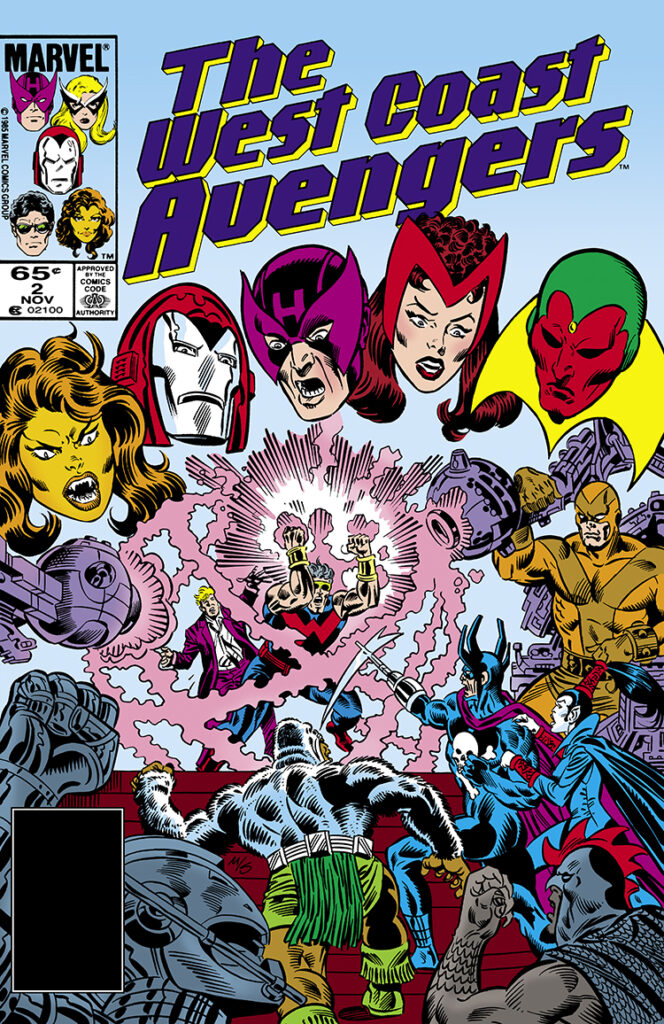 West Coast Avengers #2 cover; pencils, Al Milgrom; inks, Joe Sinnott; Grim Reaper, Man-Ape, Black Talon, Nekra, Hawkeye, Iron Man, Wonder Man, Mockingbird, Tigra, Erik Josten