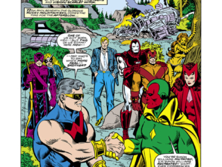 West Coast Avengers (1985) #3, pg. 1; layouts, Al Milgrom; pencils and inks, Joe Sinnott West Coast Avengers (1985) #3, pg. 1; layouts, Al Milgrom; pencils and inks, Joe Sinnott; Singleton, splash page, Stan Lee Presents, Steve Englehart, Wonder Man, Vision, Scarlet Witch, Iron Man, Tigra, Hawkeye, Mockingbird, Hank Pym