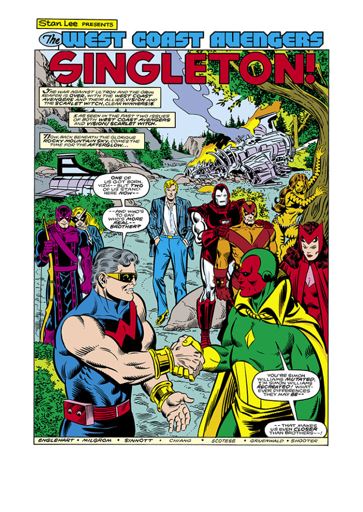 West Coast Avengers (1985) #3, pg. 1; layouts, Al Milgrom; pencils and inks, Joe Sinnott; Singleton, splash page, Stan Lee Presents, Steve Englehart, Wonder Man, Vision, Scarlet Witch, Iron Man, Tigra, Hawkeye, Mockingbird, Hank Pym