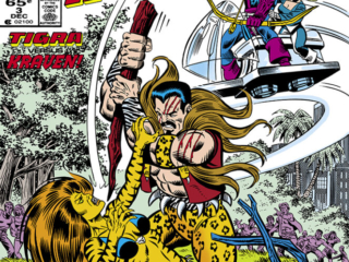 West Coast Avengers #3 cover; pencils, Al Milgrom; inks, Joe Sinnott West Coast Avengers #3 cover; pencils, Al Milgrom; inks, Joe Sinnott; Tigra versus Kraven the Hunter, Hawkeye, Mockingbird
