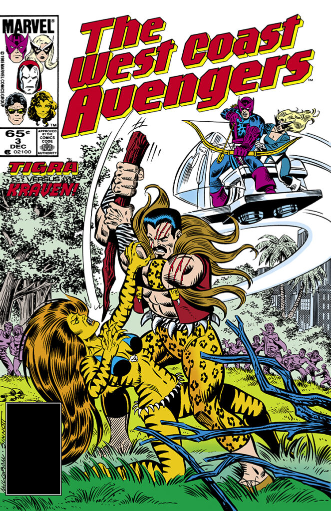 West Coast Avengers #3 cover; pencils, Al Milgrom; inks, Joe Sinnott; Tigra versus Kraven the Hunter, Hawkeye, Mockingbird