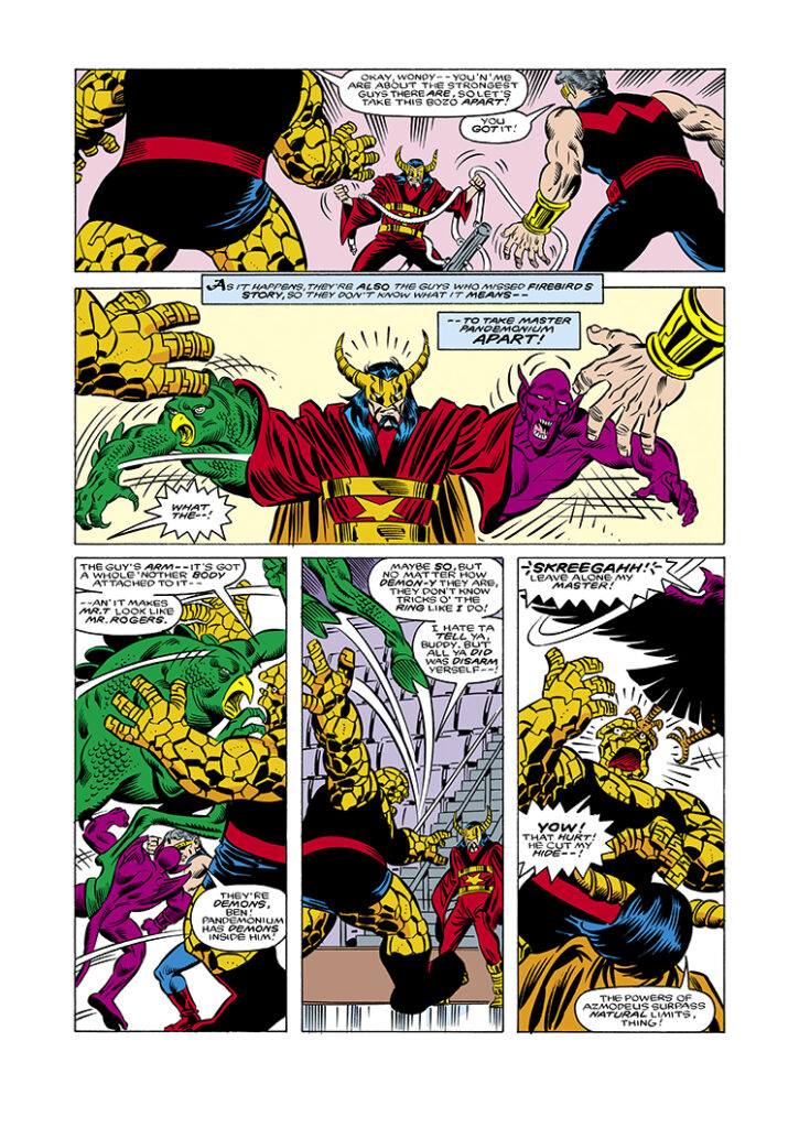 West Coast Avengers (1985) #4, pg. 17; layouts, Al Milgrom; pencils and inks, Joe Sinnott; Master Pandemonium, Ben Grimm, Thing, Wonder Man