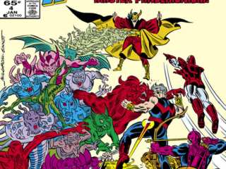 West Coast Avengers #4 cover; pencils, Al Milgrom; inks, Joe Sinnott West Coast Avengers #4 cover; pencils, Al Milgrom; inks, Joe Sinnott; His Name is Master Pandemonium, Hawkeye, Iron Man, Wonder Man, Mockingbird, Tigra, Thing, Ben Grimm