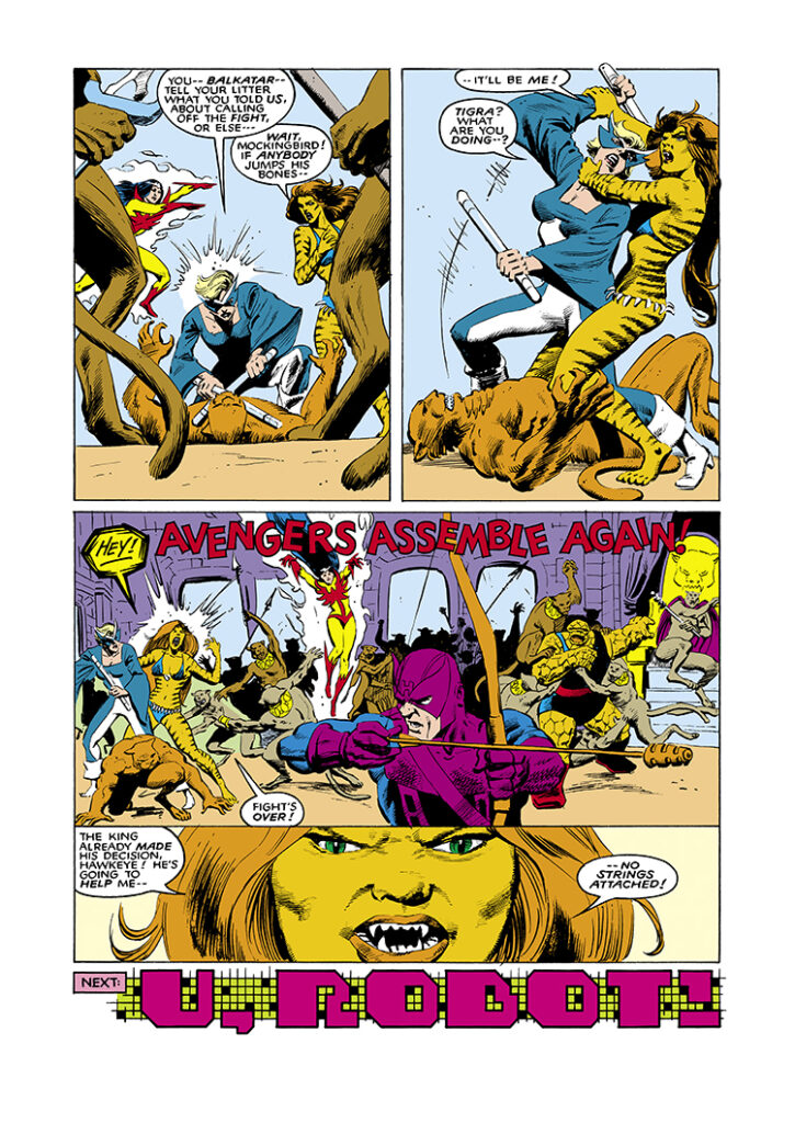 West Coast Avengers (1985) #6, pg. 22; layouts, Al Milgrom; pencils and inks, Kyle Baker; Tigra, Firebird, Mockingbird, Hawkeye