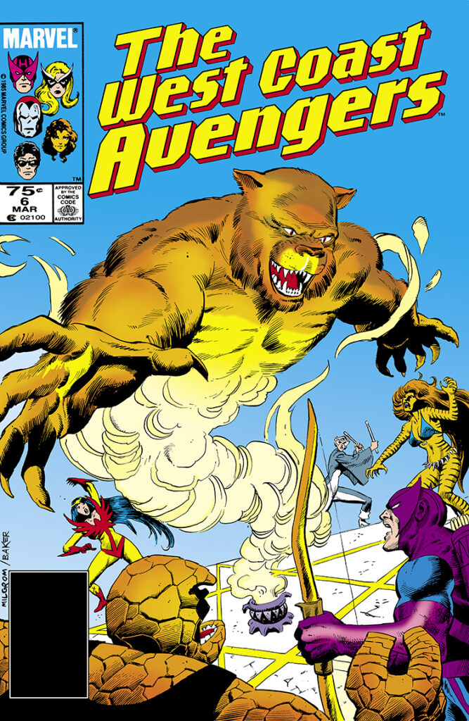 West Coast Avengers #6 cover; pencils, Al Milgrom; inks, Kyle Baker; Hawkeye, Tigra, Mockingbird, Ben Grimm, Thing, Firebird, Balkatar