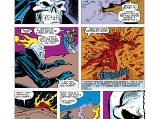 What If? #17, pg. 11. Ghost Rider in &ldquo;What If&hellip;Ghost Rider, Spider-Woman and Captain Marvel Had Remained Villains? Part 1: Ghost Rider&rdquo;; pencils, Carmine Infantino; inks, Frank Springer; Johnny Blaze