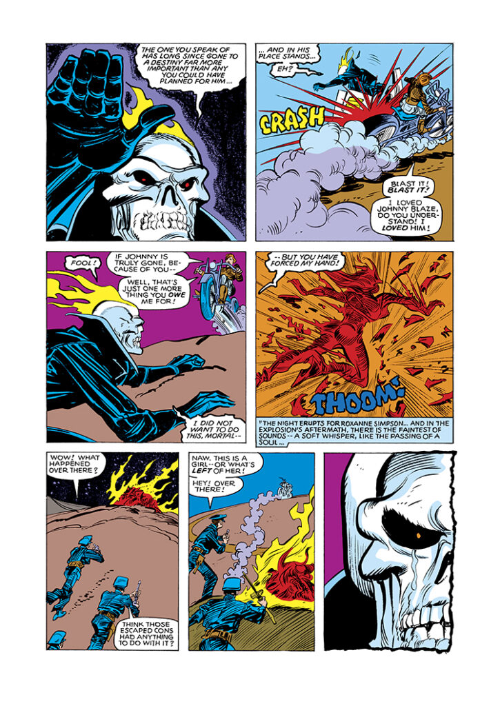 What If? #17, pg. 11. Ghost Rider in “What If…Ghost Rider, Spider-Woman and Captain Marvel Had Remained Villains? Part 1: Ghost Rider”; pencils, Carmine Infantino; inks, Frank Springer; Johnny Blaze