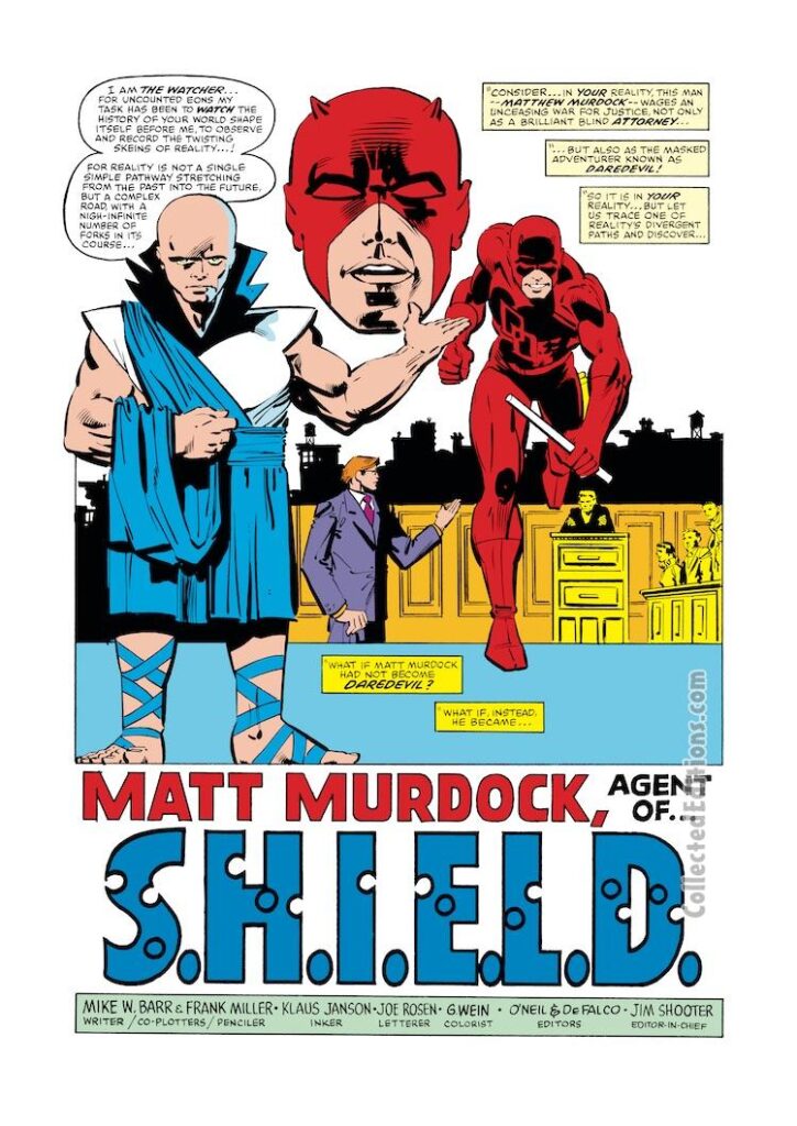 What If? #28. Daredevil in “Matt Murdock, Agent of…S.H.I.E.L.D.,” pg. 1; pencils, Frank Miller; inks, Klaus Janson; Uatu, the Watcher, Attorney