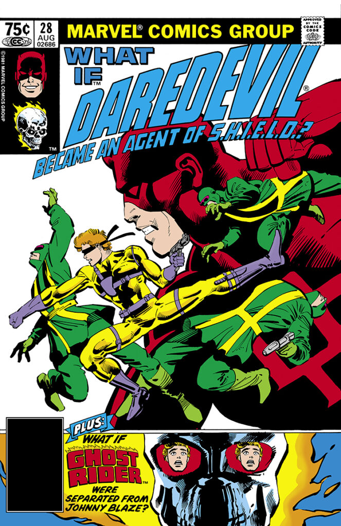 What If? #28 cover; pencils, Frank Miller; inks, Klaus Janson; What if Daredevil became an agent of SHIELD, what if Ghost Rider were separated from Johnny Blaze, AIM agents