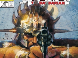 What If? #43 cover; pencils and inks, Bill Sienkiewicz; What If Conan the Barbarian were Stranded in the 20th Century