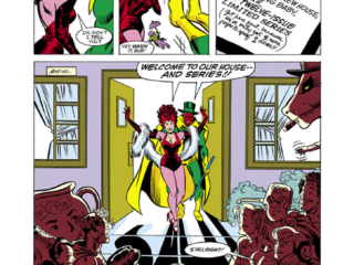 What The - - ?! #3. The Vizzion and the Scarlett Wench in &ldquo;Homecoming Around Again&rdquo;, pg. 2; pencils, Richard Howell; inks, Joe Sinnott; wedding, baby shower, parody, satire