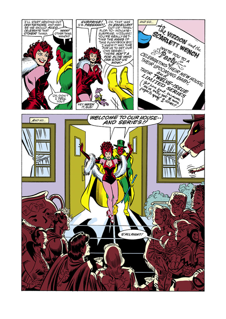 What The - - ?! #3. The Vizzion and the Scarlett Wench in “Homecoming Around Again”, pg. 2; pencils, Richard Howell; inks, Joe Sinnott; wedding, baby shower, parody, satire