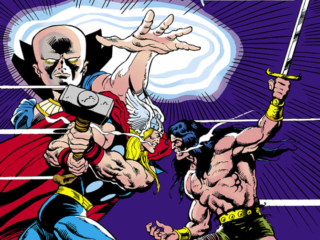 What If? #39 cover; pencils, Ron Wilson; inks, Mike Mignola; What If The Mighty Thor Had Battled Conan the Barbarian