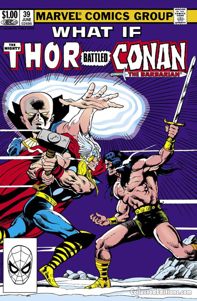 What If? #39 cover; pencils, Ron Wilson; inks, Mike Mignola; What If The Mighty Thor Had Battled Conan the Barbarian