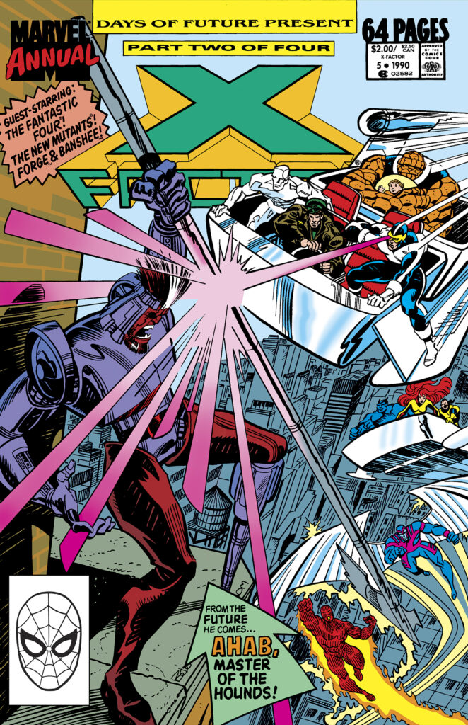 X-Factor Annual #5 cover; pencils, Jon Bogdanove; inks, Al Milgrom; Fantastic Four, Iceman, Cyclops, Thing, Human Torch, from the future comes Ahab, master of the Hounds, Forge, Banshee, Days of Future Present