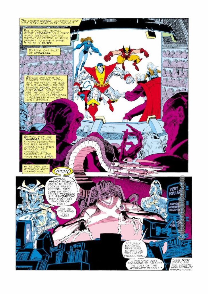 X-Men Annual #10, pg. 4; pencils, Arthur Adams; inks, Terry Austin; Colossus, Shadowcat/Kitty Pryde, Wolverine, Storm, Nightcrawler, Magneto, Mojo, Spiral; Major Domo