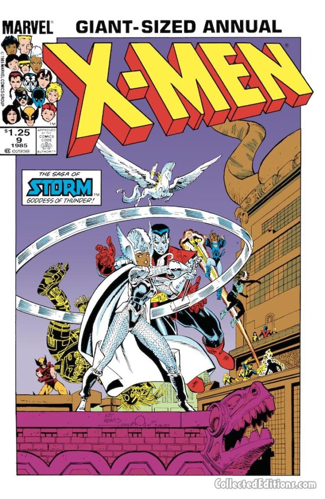 X-Men Annual #9 cover; pencils, Arthur Adams; inks, Walter Simonson; Storm, Goddess of Thunder, Warlock, Colossus