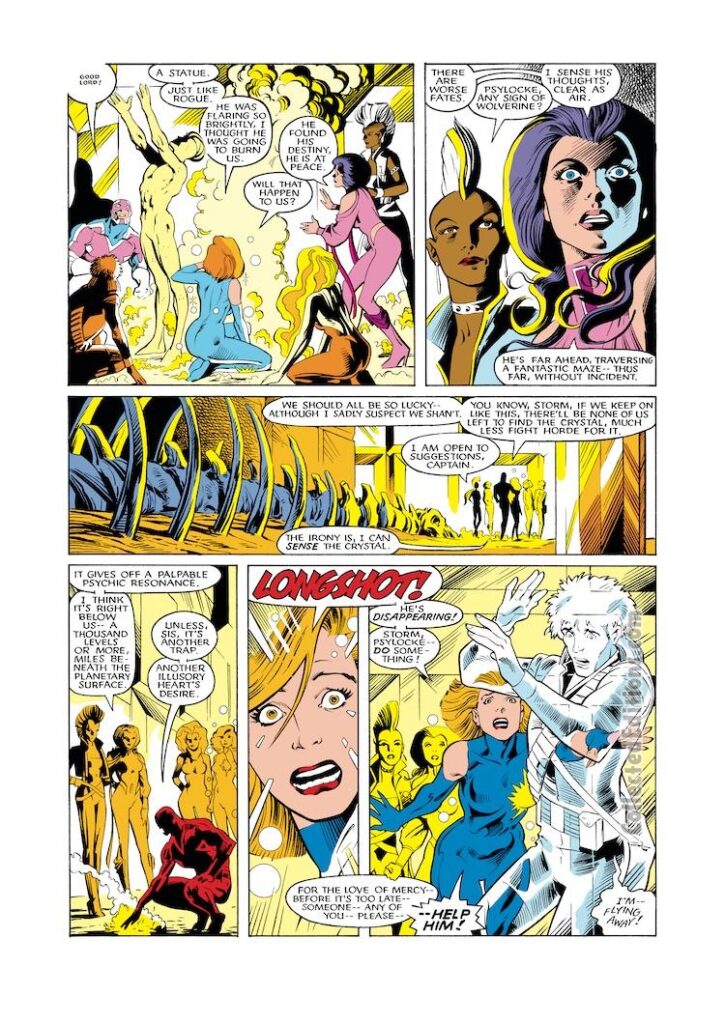 X-Men Annual #11, pg. 21; pencils, Alan Davis; inks, Paul Neary; Psylocke, Betsy Braddock, Storm, mohawk, Longshot, Dazzler