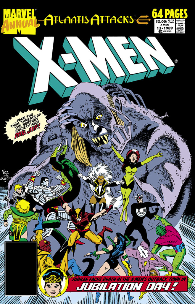 X-Men Annual #13 cover; pencils, Mike Vosburg; inks, Terry Austin, Atlantis Attacks, twin threats of serpent society and MrJip, Jubilation Day, Havok, Wolverine, Colossus, Rogue