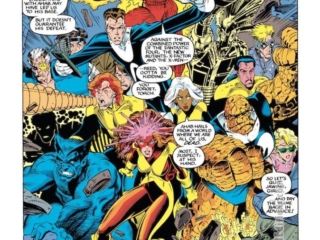 X-Men Annual #14, pg. 24; pencils, Arthur Adams; inks, Bob Wiacek, Al Milgrom, Dan Green, Art Thibert, Steve Mancuse; Marvel Girl, Phoenix, Beast, Thing, Fantastic Four, Human Torch, Cable