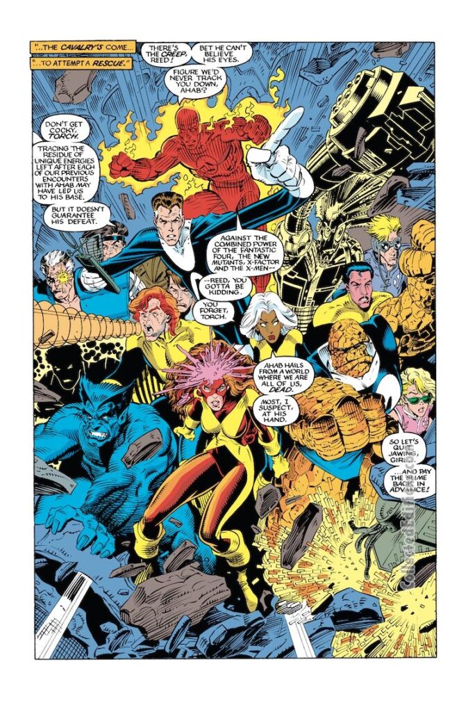 X-Men Annual #14, pg. 24; pencils, Arthur Adams; inks, Bob Wiacek, Al Milgrom, Dan Green, Art Thibert, Steve Mancuse; Marvel Girl, Phoenix, Beast, Thing, Fantastic Four, Human Torch, Cable
