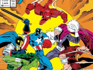 X-Men vs. Avengers #1 cover; pencils, Marc Silvestri; inks, Joe Rubinstein; Magneto, Wolverine, Rogue, She-Hulk, Black Knight, Captain America, Crimson Dynamo