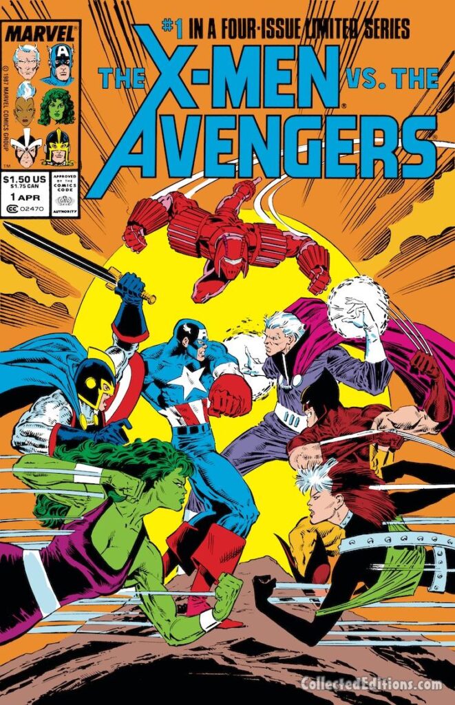 X-Men vs. Avengers #1 cover; pencils, Marc Silvestri; inks, Joe Rubinstein; Magneto, Wolverine, Rogue, She-Hulk, Black Knight, Captain America, Crimson Dynamo