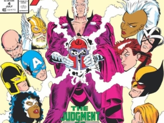 X-Men vs. Avengers #4 cover; pencils, Keith Pollard; inks, Joe Rubinstein; the Judgment of Magneto, Captain Marvel, Thor, Doctor Druid, Black Knight, Captain America, Storm, Havok, Rogue, Wolverine, Dazzler