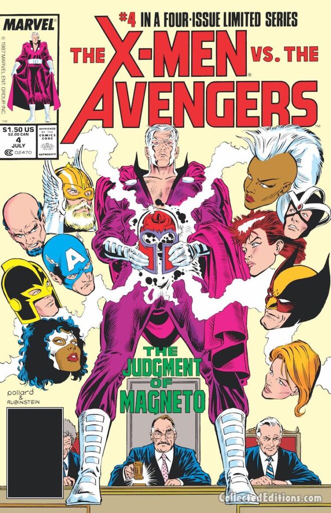 X-Men vs. Avengers #4 cover; pencils, Keith Pollard; inks, Joe Rubinstein; the Judgment of Magneto, Captain Marvel, Thor, Doctor Druid, Black Knight, Captain America, Storm, Havok, Rogue, Wolverine, Dazzler