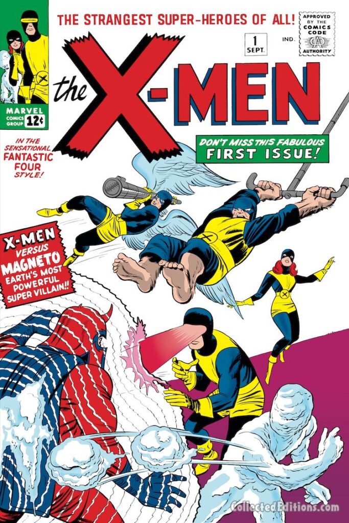 X-Men #1 cover; pencils, Jack Kirby; inks, Sol Brodsky; first appearance of Magneto, Cyclops, Iceman, Beast, Angel, Marvel Girl, Fabulous first issue