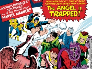 X-Men #5 cover; pencils, Jack Kirby; inks, Paul Reinman; Beast, Cyclops, Iceman, Marvel Girl, Quicksilver, Scarlet Witch, Toad, Mastermind, The Angel is Trapped, Magneto and His Evil Mutants Strike Again