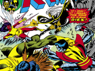 X-Men #95 cover; pencils, Gil Kane; inks, Dave Cockrum X-Men #95 cover; pencils, Gil Kane; inks, Dave Cockrum; You Must Read Warhunt, Not a hoax, not a dream, an X-Men dies, John Proudstar, Thunderbird, death, Colossus, Ani-Men; Frog-Man, Ape-Man, Dragonfly