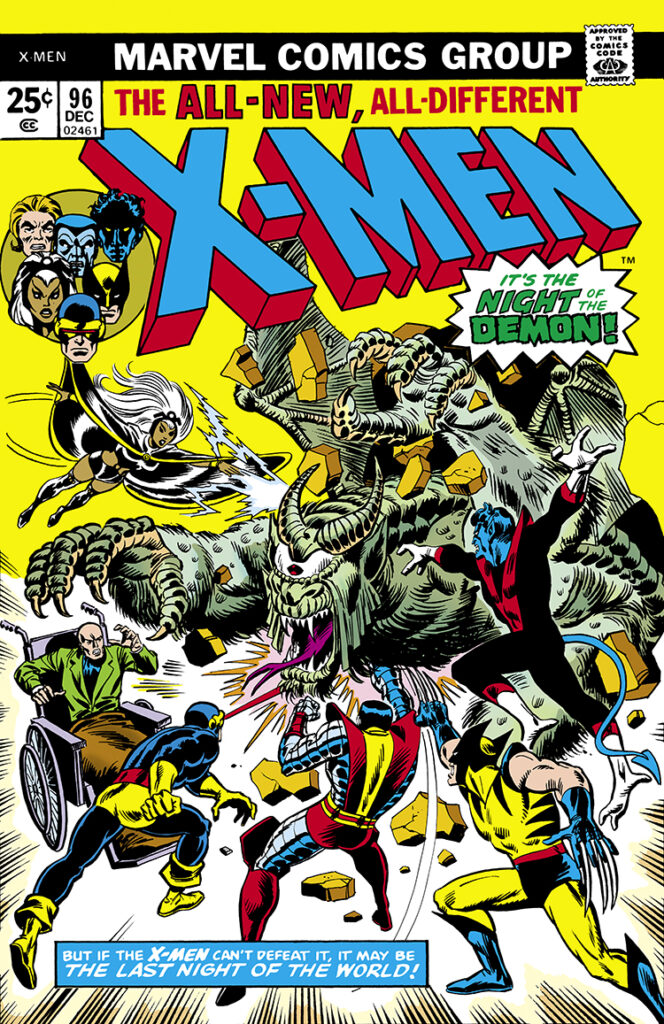 X-Men #96 cover; pencils and inks, Sal Buscema; alterations, John Romita, Dave Cockrum: it’s the night of the demon, if the X-Men can’t defeat it, it may be the last night of the world; Kierrok