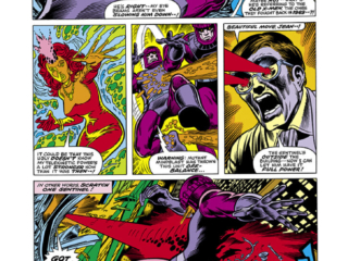 X-Men #98, pg. 4; pencils, Dave Cockrum; inks, Sam Grainger X-Men #98, pg. 4; pencils, Dave Cockrum; inks, Sam Grainger, Sentinels, Cyclops, Jean Grey, optic blasts